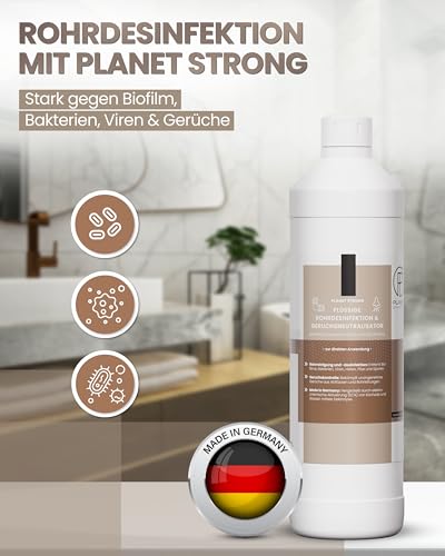 PI - 1L Rohrdesinfektion & Geruchsneutralisator – Planet Strong® Aktivchlor-Geruchsentferner | Beseitigung von Ablagerungen und Gerüchen | Einfach in der Anwendung | Made in Germany | Flasche