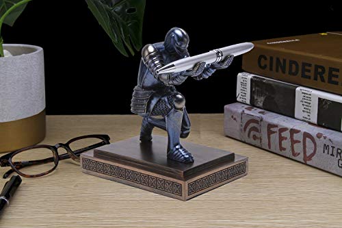Knight Pen Holder Desk Organizers and Accessories Desk Decor Resin Pen Holder as Gift with a Cool Pen for Office and Home (Blue) - Image 5