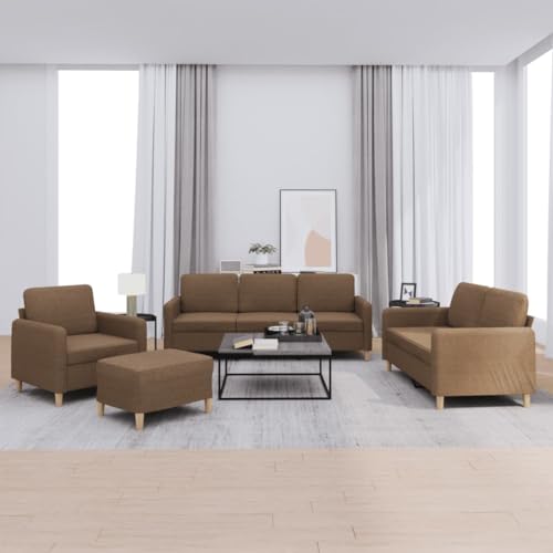 vidaXL Sofagarnitur 4-TLG., Sessel Couch mit Kissen Fußhocker, Sofa Wohnzimmersofa mit Armlehnen, Couchgarnitur Designsofa Sitzmöbel Polstermöbel, Braun Stoff – Bild 3