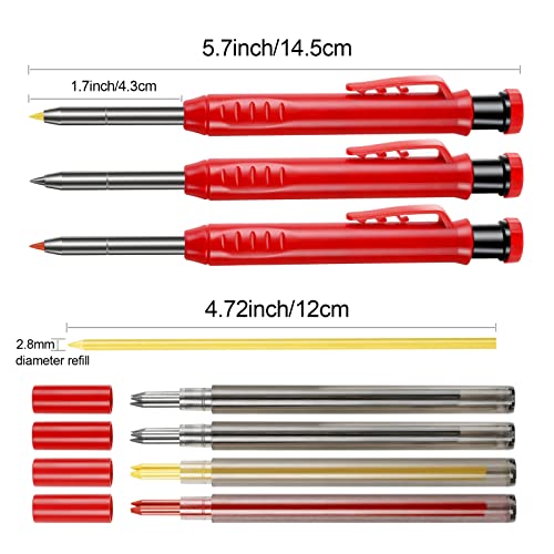 flintronic Baustellenstift, 3 Stück Tieflochmarker mit 15 Bleistiftsminen (Rot Gelb Schwarz) und 1 Radiergummi, Druckbleistiftli, Baustifte Solides, Baustellen Stift Bleistiftspitzer für Zimmermann