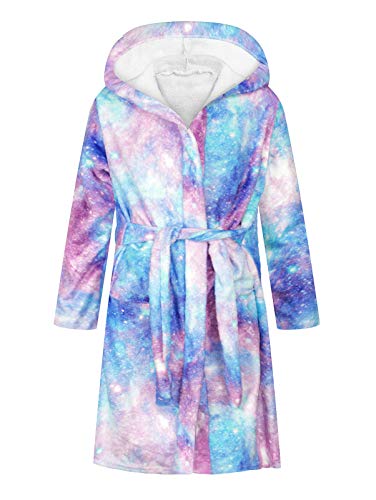 Kids Robes Boys Girls Bathrobes Pajamas Hooded Fleece Plush Soft Flannel Novelty Galaxy Sleepwear,L