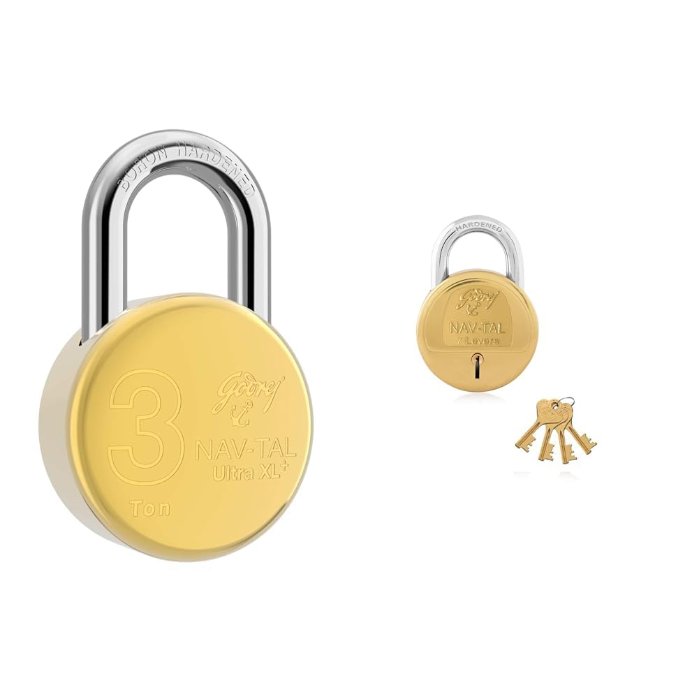 Godrej Nav-tal Ultra XL+ 3 Ton Round Padlock Brass Finish Home Door Lock with 4 Keys (Gold, Pack of-image-39