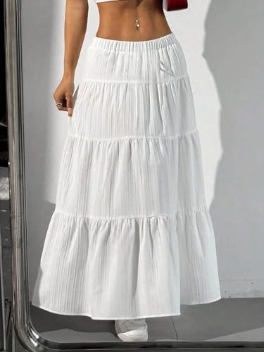 Solid Color High Waist Tie Ruffle Hem Long Skirt Basic Women's Summer Casual Vinage Skirt3