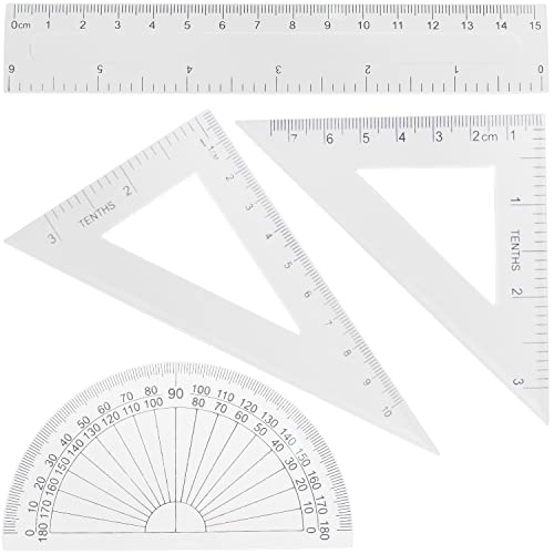 LRMYS 4Pcs Clear Plastic Math Geometry Kit, Transparent Measuring Ruler Set Include Straight Ruler Triangle Ruler Protractor, for School Student Teacher Architects Engineers, 1 Pack