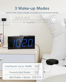 Roxicosly Loud Alarm Clock with Bed Shaker, Vibrating Alarm Clock for Heavy Sleepers/Hard of Hearing/Deaf,Dual Alarms, 7.5’’ Large LED Display, Dimmer, USB Charging Port, Plug-in with Memory Function