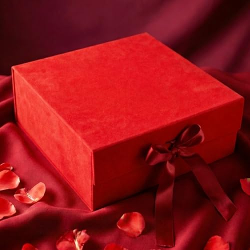 Image of RBS-Medium Red Gift Box Empty 26x26x10cm Premium Velvet Material Gift Packing Box with Ribbon (1 Pack) Holds Upto 8 kg Ideal for Gift Hamper Boxes for Empty and All Occasions Giff Boxes (Red Velvet)