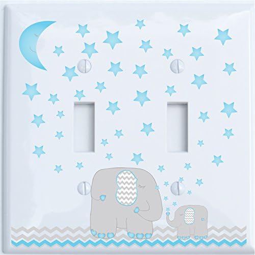 Placa de interruptor de luz de elefante con luna azul y estrellas, doble palanca con luna azul y estrellaselefante decoración de guardería con