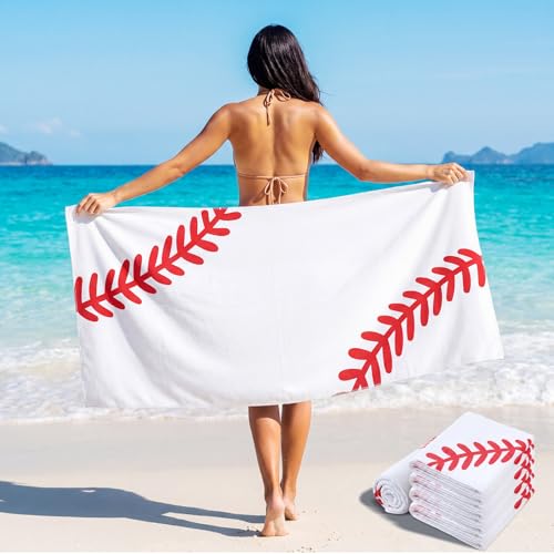 Peryiter 6 Pcs Baseball Beach Towels 30 x 60 White Baseball Beach Towels Softball Team Gift Woman Girls Bath Swimming Gift Sport Party Favor