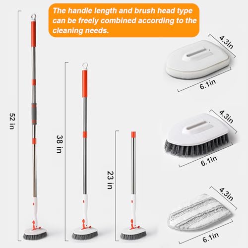 Onewly Shower Scrubber with Long Handle, 4 in 1 Bathroom Cleaning Brush with 24"-53" Extand Handle, Cleaning Supplies for Kitchens, Sinks, Toilets, Floors, Baseboards, Windows and Corners