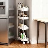 Koolkasa Küchenwagen mit Rollen Schmal, 4 Ebenen Rollwagen für Kleine Räume, Metall Nischenwagen mit 360°-Gummiräder mit Bremse für Wohnzimmer Badezimmer Küche Büro (Weiß)