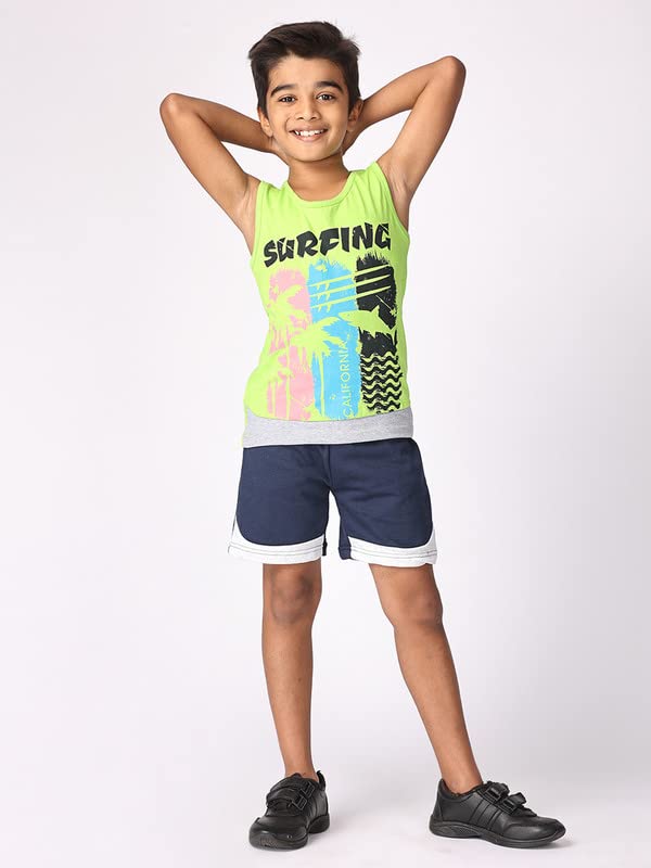 Image of TotzTouch Kids Dress For Boys T shirt | Shorts Set Summer Dress Cotton Sleeveless Tee Shirt Half Pants Clothing Set (Colors Blue, Red, Green Tops & Navy, Black, Grey Shorts) Age 1 years to 15 years