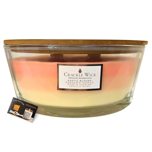 Crackle Wick 3-Layer Scented Crackling Wooden Wick Candle in Elegant Ellipse Glass Jar with Lid 485g - Includes ShopZee Candle Safety Tips Guide (Exotic Blooms)