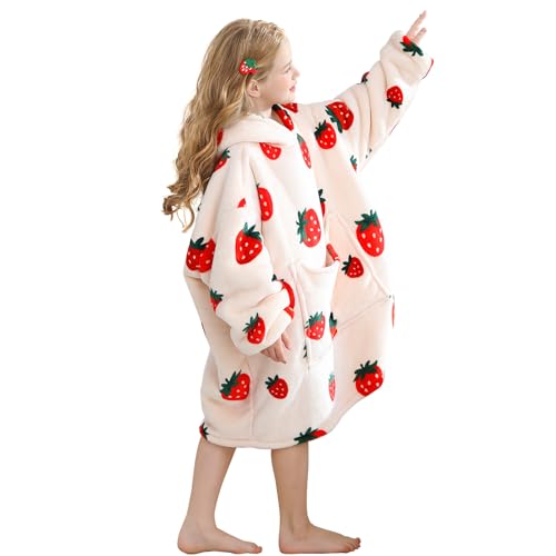 Aemilas Strawberry Wearable Blanket Hoodie Gifts for Kids Beige One Size