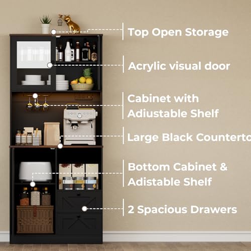 Image of 71''Kitchen Pantry Storage Cabinet with LED Lights and Power Outlet, Tall Farmhouse Kitchen Hutch with Microwave Stand,Globet Hooks and Adjustable Shelf for Dining Living Room,Black