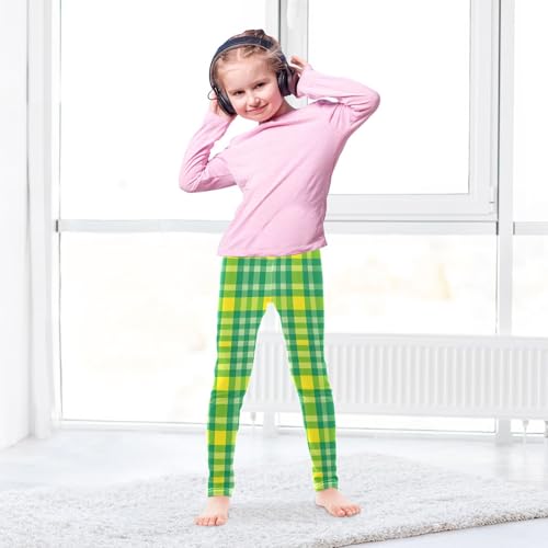 Green Yellow Checked Pattern Girls Leggings Soft Stretch Workout Yoga Dance Pants for Kids Casual Tights4