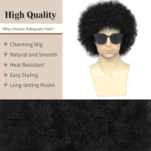 Image of Adequate Men & Women Black Afro Curly Wig Costume Set, 70s 80s Disco Rocker Party Kit with Sunglasses & Wig Cap, Heat Resistant Cosplay Wig for Halloween