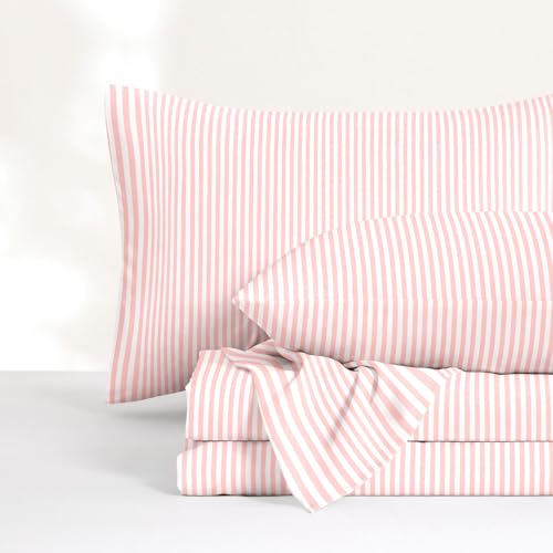 Wake In Cloud - Striped Bed Sheets 4-Piece Sheet Set Ticking Vertical Pin Stripe Modern Farmhouse Pattern Printed Bedding Deep Pocket Pink White Queen Size