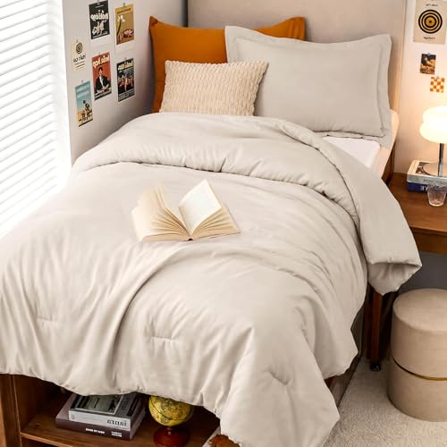 Image of MUXHOMO Beige Twin /Twin XL Comforter Set, All Season Ultra Soft Down Alternative Bedding - 2 Piece Lightweight Bed Set Includes 1 Comforter (68 inchx88 inch) and 1 Pillow Shams (20 inchx26 inch)