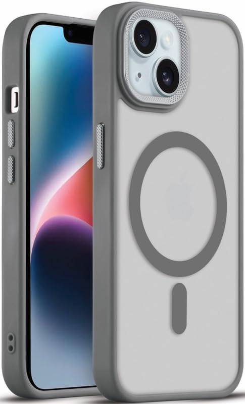 Image of GoldKart Magnetic Matte Translucent Back Cover Case for iPhone 13 /14 | MagSafe Compatible | Shockproof Hybrid Bumper | Camera Lens Protection | Anti-Fingerprint Slim Protective Case (Grey)