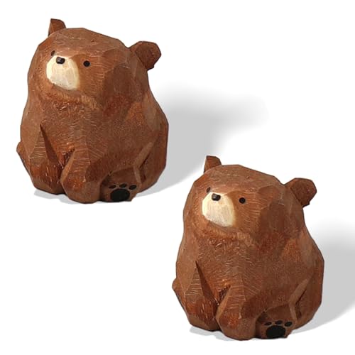 COVRA 2-Pack Handmade Carved Wooden Bear Figurines, 1.4" Sitting Bear Statues, Solid Wood Mini Decor for Bedroom, Office, Playroom, Art Carving Ornament, Gift Idea (Brown Bear)