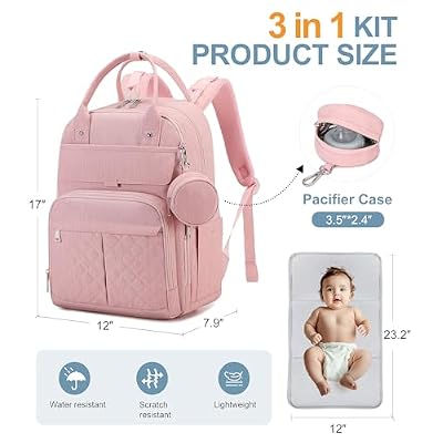 MOONBABY Diaper Bag Backpack, Baby Diaper Bags with Portable Changing Pad and Pacifier Case, Multifunctional Travel Diaper Backpacks, Unisex Baby Bags, Pink