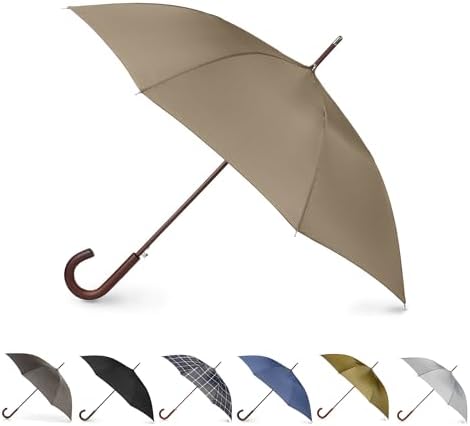totes Auto Open Wooden Handle J Stick Umbrella