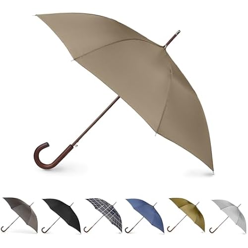 Totes Auto Open Water Repellent Stick Umbrella with Classic Wood J Hook Handle