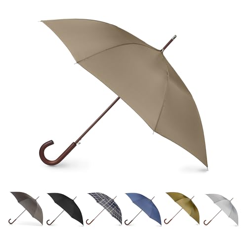 totes Auto Open Wooden Handle J Stick Umbrella