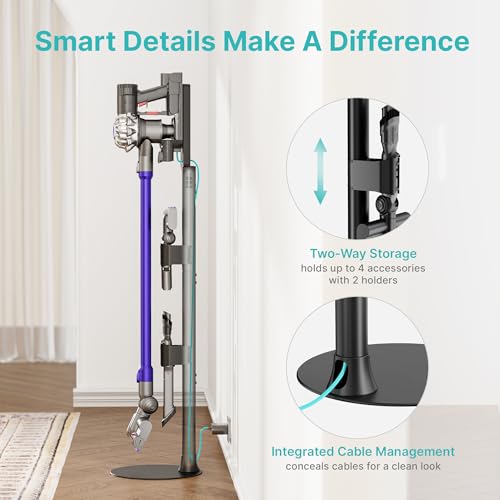 PEGZONE Vacuum Cleaner Stand, Compatible with Dyson Gen5 V15 V12 V11 V10 V8 V7 V6, Cordless Vacuum Holder with 2 Removable Accessory Clips, Attachment Organizer with Built-in Cable Slot, Black by PEGZONE - Image 2