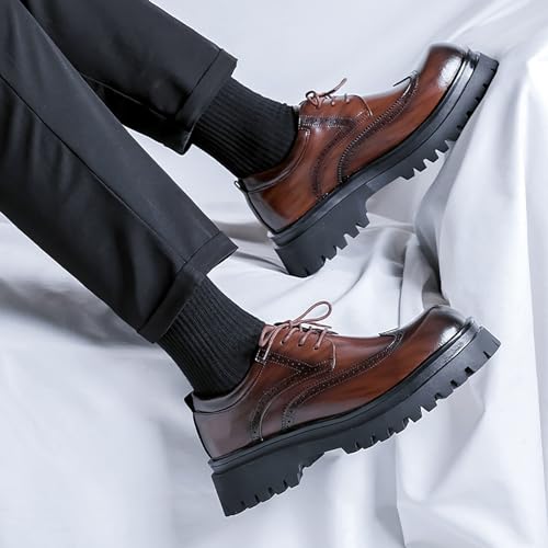 Men's Leather Wingtip Platform Oxfords - Vintage Round Toe Lace-Up Derby Shoes for Business Office & Work - Classic Formal Design4