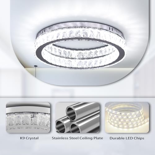 Finktonglan Crystal LED Flush Mount Ceiling Light, 17.7" Modern Round Crystal Ceiling Light, 48W 6000K Cool White, K9 Crystal & Stainless Steel, Low Profile, Non-Dimmable (No Remote)