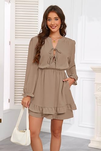 Image of Angashion Womens Tie Front Mini Dress V-Neck Ruffle Hem Summer Pockets