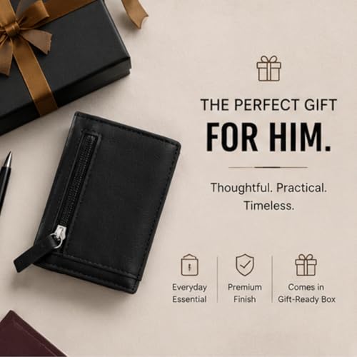 Image of Slim Leather Card Holder Wallet, Black, RFID Blocking, Zipper Pocket, Pop-Up Card Ejector