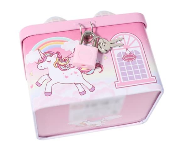Image of WISHKEY Cute & Colorful Unicorn Printed Metal Piggy Bank With Secure Lock & Keys For Kids, House Shaped Money Saving Storage Coin Collection Box For Girls, Children (Pack Of 1, Multicolor,Classic)
