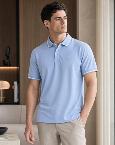Image of NOBERO Men's Travel Polo T-Shirt | Premium Cotton Stretch Fabric | Anti-Odor & Water-Repellent | UPF 50+ Sun Protection | Regular Fit Polo Collar Casual Wear