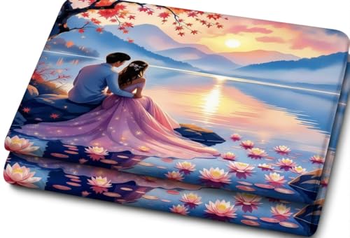 Image of RUMPS 7D Romantic Couple Sunset Printed Flat Bedsheet King Size 90x100 Inch with 2 Pillow Covers 16x26 Inch | Luxury Love Theme Microfiber Double Bedsheet