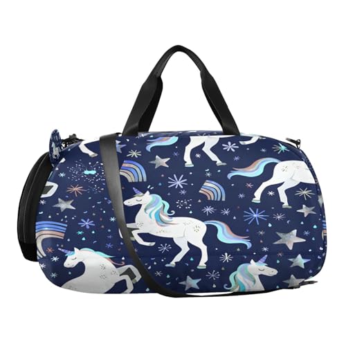 Gym Travel Duffle Bag for Boys Girls Repeating White Unicorns Rainbows Pattern Sports Dance Bag with Shoe Compartment & Wet Pocket Football Kids Travel Bag Teens Sleepover Carry2