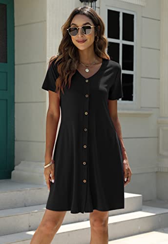 Manydress Women's Summer Casual T Shirt Dresses Short Sleeve Button Down Swing Dress with Pockets MY0354
