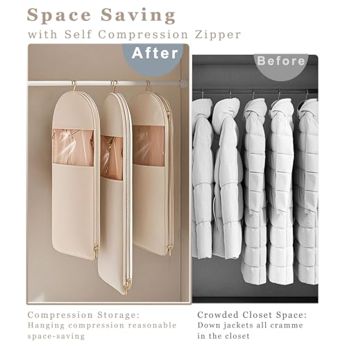 Space Saving Hanging Garment Bag with Self Compression Zipper, Otherwise Travel Clothes Bags for Down Coat Storage, Protector Dust Cover Closet Organizers (Beige, L)4