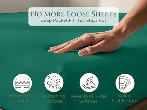 Image of Royale Linens 100% Organic Cotton King Fitted Sheet Only - Percale Weave - Soft Deep Pocket Bottom Sheets - Hunter Green Elastic Sheet - King Size Fitted Sheets Only - (78 inchx80 inch+15 inch, Hunter Green)