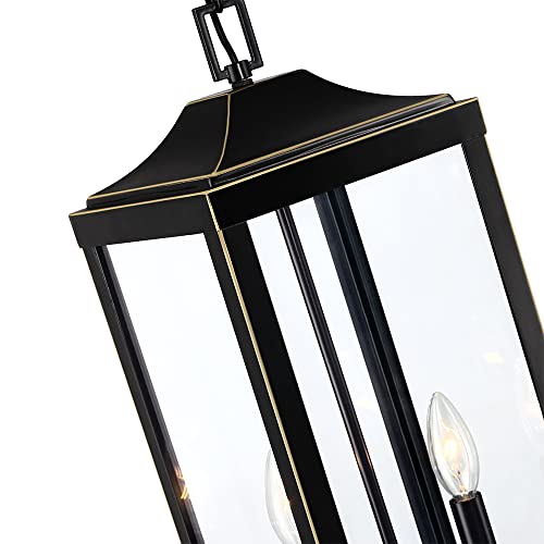 Lampression 2-Light Black Outdoor Pendant Light Fixture For Porch With Gold Trims, 20" H Large Outside Pendant Lighting For Front Door #TOP6