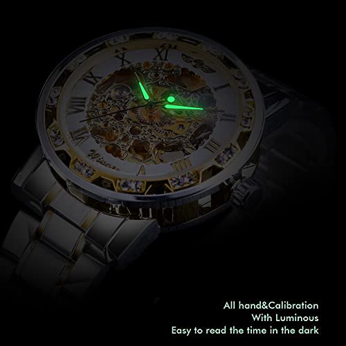 Winner Retro Manual Mechanical Skeleton Watch with Diamond and Carving Flower Craft Men Skeleton Wrist Watch Mechanical Classic Roman Number