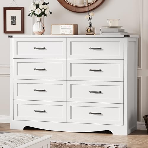 Image of Dresser for Bedroom with 8 Drawers, 54 inch Wide Wood Chest of Drawers with Deep Drawers & Mental Handle, Modern Dresser TV Stand, Wooden Closet Storage Organizer for Living Room, Hallway, Entryway, White