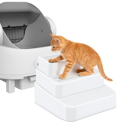 Adjustable 3 Steps Litter Box Ramp Cat Ramp for Litter Box with Litter Trapper Litter Box Step for Small & Elderly Cats Fits Automatic Litter Boxes (White)