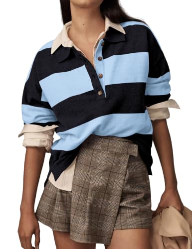 Image of Womens Striped Sweater Rugby Polo Shirts Y2k Collar Pullover Tops