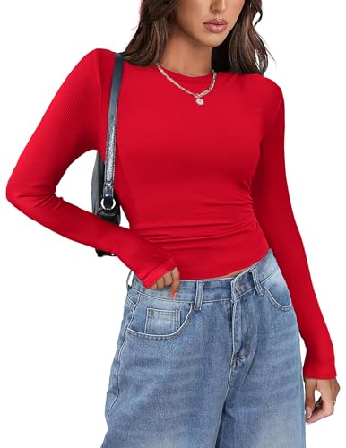Zeagoo Camisetas de Manga Larga para Mujer T Shirt de Punto Acanalado Camisas con Cuello Redondo Camisetas Ajustada Sexy Jersey Basic Crop Tops Rojo S