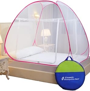 Classic Mosquito Net for Double Bed, Polyester, Foldable, Strong 30GSM, PVC Coated Steel - King Size, Pink