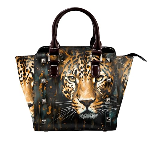 Leather Shoulder Bag for Women, Leopard Animal Studded Purse Wildlife Cheetah Crossbody Handbags Punk Hobo Bag with Adjustable Strap