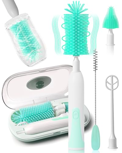 Image of Deekuiwi Electric Baby Bottle Brush Set, Automatic Spinning Bottle Brush, Straw Brush, Milk Frother, Travel Set, for New Moms, Baby Bottle Cleaner (Green)