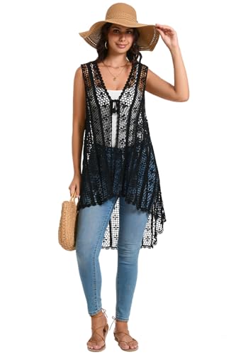 Cefulnel Women'S Crochet Vest Lightweight Boho Hollow Lace Cover Up Floral Sleeveless Cardigan thumb #5